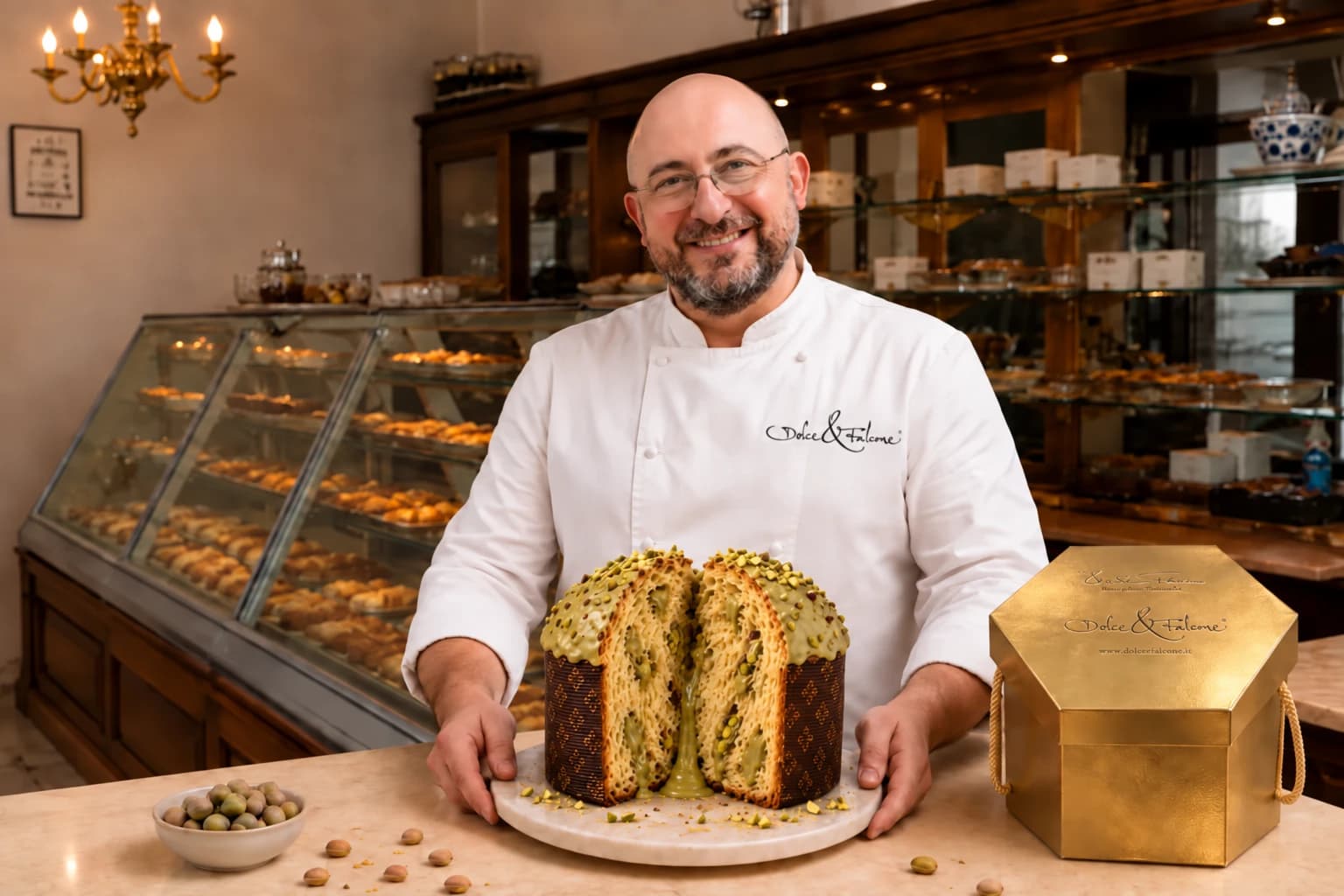 Unser Konditor bei der Arbeit — mit Panettone und Geschenkdose